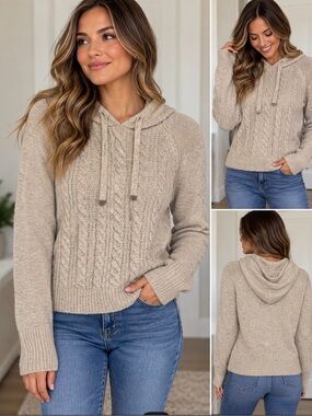 cupcakes & cashmere Cable-Knit Hooded Sweater in Beige
